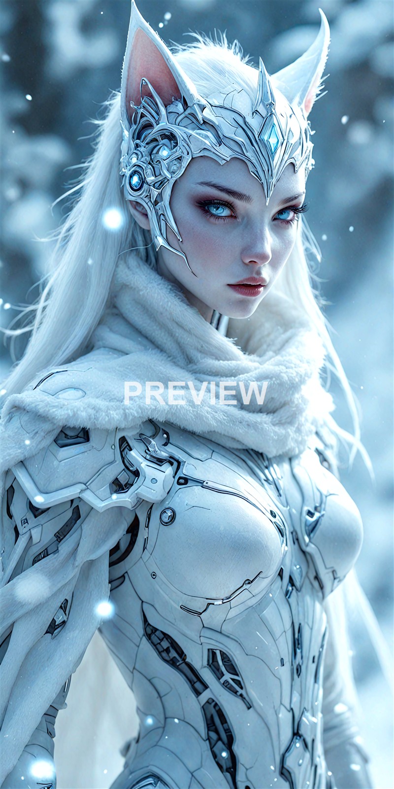A woman with striking blue eyes and long white hair, dressed in futuristic armor with intricate metallic details, wearing a crown-like headpiece, set against a snowy, wintry background.